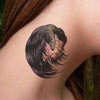 Small colored neck tattoo of woman