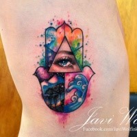 Small colorful watercolor style Amish hand symbol tattoo on arm stylized with mystical pyramid