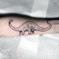 Kleines im Gravur Stil schwarzes Bein Tattoo mit Dinosaurier