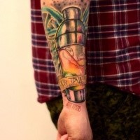 Small gorgeous looking forearm tattoo of thermos with lettering
