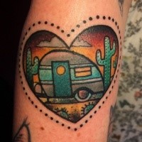 Small heart shaped little illustrative style colored tattoo on arm with trailer