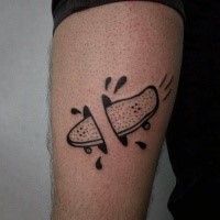 Small homemade style black ink leg tattoo of under skin skateboard