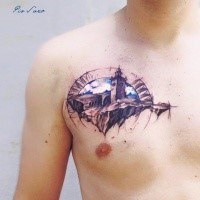 Small illustrative style chest tattoo old mountain castle
