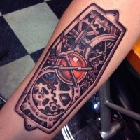 Small illustrative style colored mechanical arm tattoo