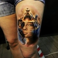 Small illustrative style colored thigh tattoo of tea pot with girls face