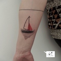 Small illustrative style forearm tattoo of sailing ship with line