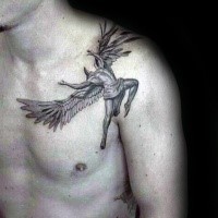 Small lifelike detailed shoulder tattoo of flying Icarus