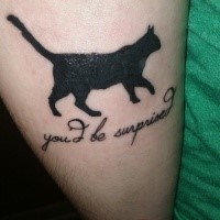 Small memorial style black ink cat with lettering tattoo