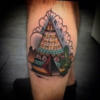 Small old school style colored Indian house with lettering tattoo on leg with cactus