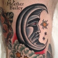 Small old school style colored leg tattoo of sad moon with stars