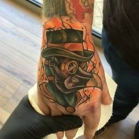Small old school style hand tattoo of plague doctor
