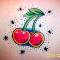 Small oldschool tattoo of red cherry with stars