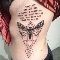 Small stippling style black ink side tattoo of big butterfly with lettering