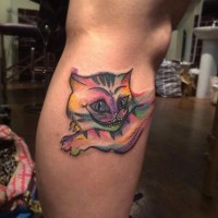 Smiling fairy tale rainbow colored Cheshire cat tattoo on leg under knee