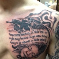 Soldiers protecting sleeping child tattoo on chest
