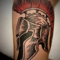 Spartan's traditionally colored detailed helm tattoo in old school style