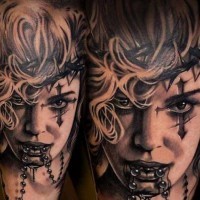 Spectacular 3D black and white leg tattoo of beautiful woman with cross
