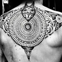 Spectacular big black and white slope tattoo on back stylized with various tribal ornaments