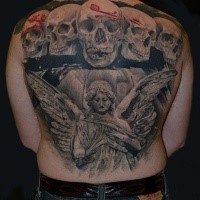 Spectacular black and white detailed whole back tattoo of angel statue and human skulls