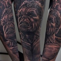 Spectacular black and white forearm tattoo of detailed Hulk portrait