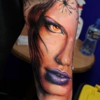 Spectacular black and white forearm tattoo of seductive woman portrait