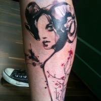 Spectacular black and white leg tattoo of demonic woman