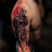 Spectacular black and white shoulder tattoo of samurai warrior with flower