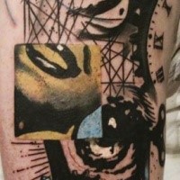 Spectacular black ink abstract style shoulder tattoo of various figures and woman smile