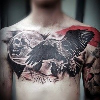Spectacular black ink chest tattoo of creepy crow with dark moon and lettering