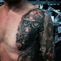 Spectacular black ink chest tattoo of gas mask and clock