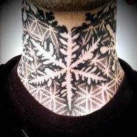 Spectacular black ink dot style neck tattoo of big snowflake