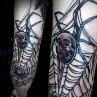 spectacular black ink elbow tattoo of mystical spider and web