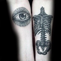 Spectacular black ink engraving style forearms tattoo of human eye and human skeleton bones