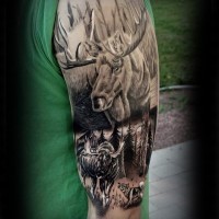 Spectacular black ink shoulder tattoo of detailed elk with wolf
