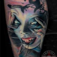 Spectacular colored horror style creepy woman with crows tattoo