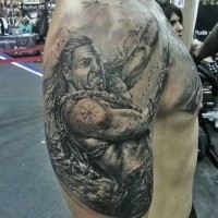 Spectacular colored shoulder tattoo of detailed fighting warrior