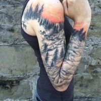 Spectacular colored wild forest with deer tattoo on sleeve and shoulder