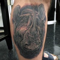 Spektakulärer detaillierter farbiger Nashornkopf Tattoo am Beinmuskel
