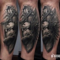 Spectacular detailed demonic angel tattoo on leg with cross and church