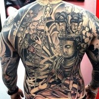 Spectacular Hinduism style large colored whole body tattoo od various Buddha statues