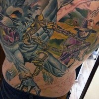 Spectacular illustrative style colored back tattoo of man with werewolf with golden chain