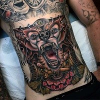 Spectacular illustrative style colored belly tattoo of demonic dog with torch and flowers