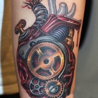 Spectacular illustrative style colored biomechanical human heart tattoo on forearm