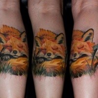 Spektakuläres im illustrativen Stil farbiges Bein Tattoo mit schlafendem Fuchs