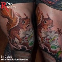 Spectacular illustrative style thigh tattoo of little squirrel with chemicals