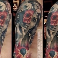Spectacular interesting looking shoulder tattoo of woman portrait