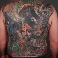 Spectacular large multicolored fantasy monsters tattoo on whole back