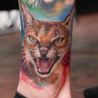 Spectacular lifelike colored ankle tattoo of angry caracal