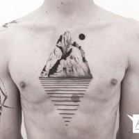 Spectacular looking black ink chest tattoo of mountain island