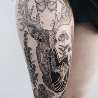 Spectacular looking black ink thigh tattoo of deer X-Ray, plants and butterfly